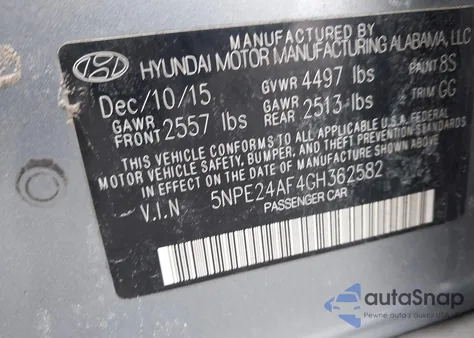 2016 Hyundai Sonata Se z USA, uszkodzony, nr VIN 5NPE24AF4GH362582